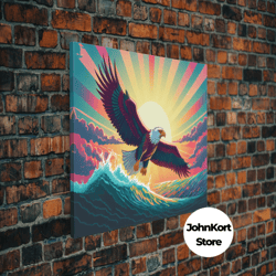retrowave bald eagle, pastel sunset, framed canvas print