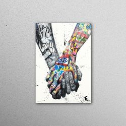 couple holding hands graffiti glass art, lover hands graffiti, graffiti hands wall art, lovers holding hands art, couple