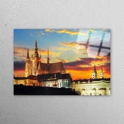 glass printing, glass wall decor, glass wall art, prague wall decor, cityscape glass wall art, sunset landscape wall art