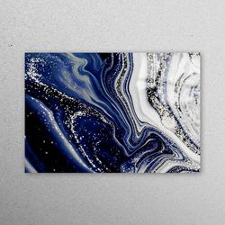 glass printing, wall decor, mural art, silver marble workplace decor, alcohol ink glass art, navy blue marble wall decor