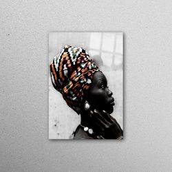 glass wall art, glass wall decor, wall decor, african woman in scarf, vogue glass art, african woman wall decor, luxury