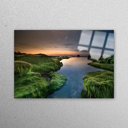 glass wall art, workplace decor, glass printing, landscape workplace decor, green algae workplace decor, sunset landscap