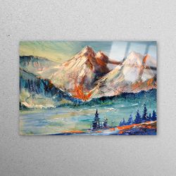 glass wall art, mural art, glass art, abstract mountain painitng, mountain landscape glass wall art, landscape glass wal