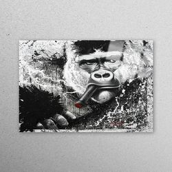 glass wall decor, wall decor, workplace decor, gorilla smoking, animal workplace decor, loft workplace decor, monkey gla