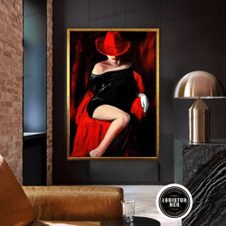 decorative wall art, fashion girl canvas painting, woman in red hat canvas painting, black woman canvas print, ethnic gi