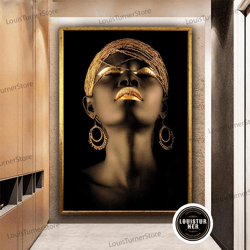 decorative wall art, african woman wall decor, gold african canvas wall art, african gold lip, black woman canvas art, b