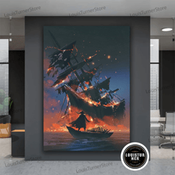 decorative wall art, burning pirate ship canvas art, pirate painting, sailing ship canvas print, decor, battleship canva