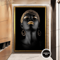 decorative wall art, dark african woman wall decor, gold african canvas wall art, african gold lip, black woman canvas a