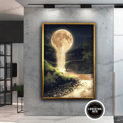 decorative wall art, full moon waterfall canvas print, full moon canvas art, surreal landscape painting, flowing moon ar