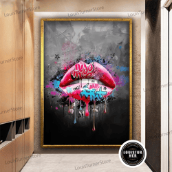 decorative wall art, giraffiti pink lip canvas, banksy graffiti lip canvas wall art, graffiti canvas print, pop art lip