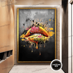 decorative wall art, giraffiti yellow lip canvas, banksy graffiti lip canvas wall art, graffiti canvas print, pop art li