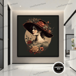 decorative wall art, girl in hat with flowers canvas, vintage girl wall art, romantic canvas art, graceful girl with a h