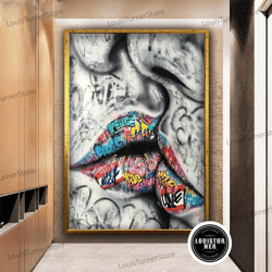 decorative wall art, kissing couple canvas painting, graffiti lips canvas wall art, lips wall decor, graffiti wall art,s