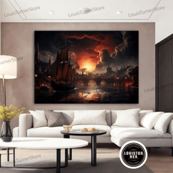 decorative wall art, pirate ship canvas painting, burning city canvas, war landscape art, pirate ship wall art, sailing