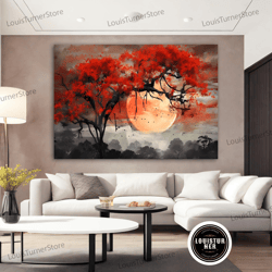 decorative wall art, red tree canvas art, red tree at full moon wall art, red tree poster, tree canvas painting, tree ca