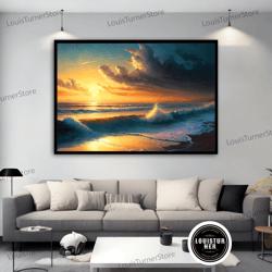 decorative wall art, sunset at sea landscape canvas painting, seascape wall art, sea landscape wall decor, beach scenery