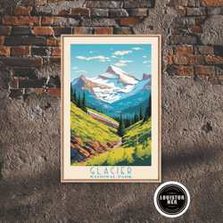 framed canvas ready to hang, glacier national park travel poster art, canvas print wall art, montana travel art, midcent