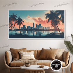 framed canvas ready to hang, miami skyline at sunrise, framed canvas print, vaporwave aesthetic wall art, framed canvas
