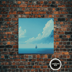 framed canvas ready to hang, monochromatic sail boat art, blue tones, framed canvas print, blue sky and blue sea there's