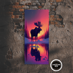 framed canvas ready to hang, moose of canada, retrowave inspired nature art, framed canvas print, cabin art, colorful fa
