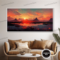 framed canvas ready to hang, mountain and lake sunset wall art oil painting on canvas, canvas print, ready to hang galle