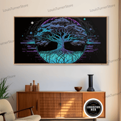 framed canvas ready to hang, norse mythology art, synthwave style yggdrasil tree of life and the 9 realms, fantasy art,