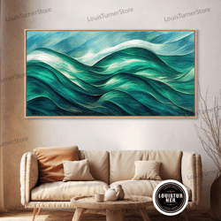 framed canvas ready to hang, ocean waves abstract art, canvas print, water color, sea green waves
