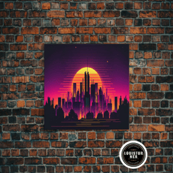 framed canvas ready to hang, outrun style futuristic cyberpunk city skyline at sunset, concept art, framed canvas print,