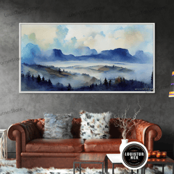 framed canvas ready to hang, panoramic blue mountain valley watercolour art canvas print, misty rolling hills watercolor