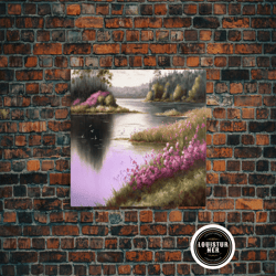 framed canvas ready to hang, pink flower landscape art, beautiful nature watercolor painting canvas print, framed canvas