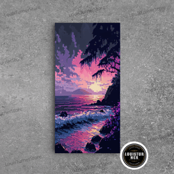 framed canvas ready to hang, pink sunset, vaporwave aesthetic pixel art beach sunset, framed canvas print