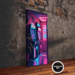 framed canvas ready to hang, retrowave arcade room, neon gamer art, framed canvas print, framed wall art, retrowave arca