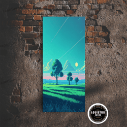 framed canvas ready to hang, retrowave landscape pixel art, soothing art, framed canvas print, light pastel sunset