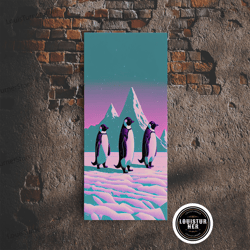 framed canvas ready to hang, retrowave penguins in the arctic, synthwave style wall art, antarctica art, framed canvas p