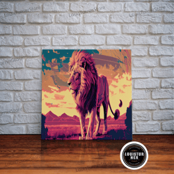 framed canvas ready to hang, retrowave watercolor painting of an african lion, framed canvas print, unique large format