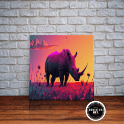 framed canvas ready to hang, rhino art, pastel rhinoceros at sunset, synthwave aniimal art, framed canvas art