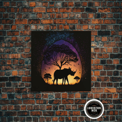 framed canvas ready to hang, rhino silhouette against a starry night sky, wildlife art, animal prints, framed canvas pri