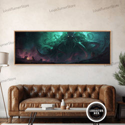 framed canvas ready to hang, rise of cthulhu framed canvas print, panoramic call of cthulhu hp lovecraft cosmic horror s