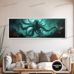 framed canvas ready to hang, rise of cthulhu framed canvas print, panoramic call of cthulhu hp lovecraft cosmic horror s