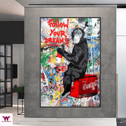 banksy fallow your dream canvas wall art, banksy fallow your dream graffiti poster, banksy monkey street art, modern can