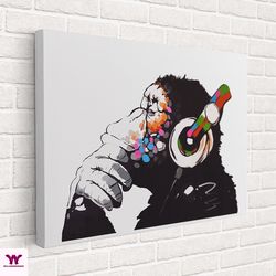 banksy thinking monkey canvas, street graffiti poster, graffiti monkey poster, framed art, 3 and 5 panels canvas, ready