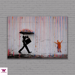 banksy umbrella man canvas, rainbow rain, canvas, printing wall art, graffiti wall art, gift idea, ready to hang