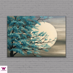 tree and moon wall art, moon poster, green tree landscape canvas art, blue tree and full moon rolled canvas print, multi