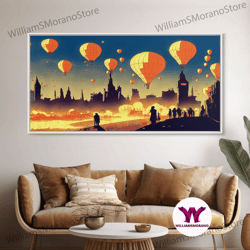 decorative wall art, flight of the balloons, hot air balloon armada, framed canvas print, ready to hang framed wall art