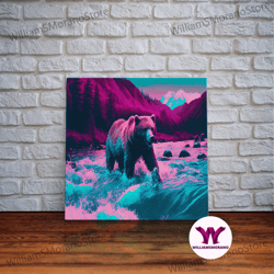 decorative wall art, grizzly bear crossing a river, vaporwave style animal print art, framed canvas print