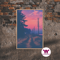 decorative wall art, lightning at sunset, framed canvas print, vaporwave aesthetic wall art, liminal spaces photography