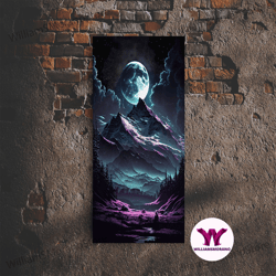 decorative wall art, mythical mountains fantasy art, framed canvas print, full moon over a mystical mountain landscape