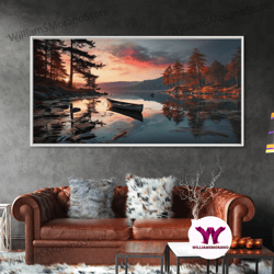 decorative wall art, pacific northwest photography print, beautiful lake with canoe in the fall, framed canvas print, ph