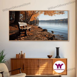 decorative wall art, pacific northwest photography print, beautiful lakeside park in the fall, framed canvas print, phot