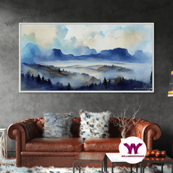 decorative wall art, panoramic blue mountain valley watercolour art canvas print, misty rolling hills watercolor landsca